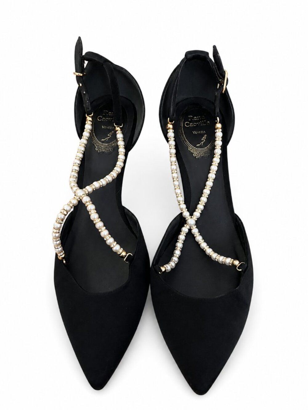 René Caovilla Black Satin Pearl Crystal Slingback Pumps EU 38.5 Italy